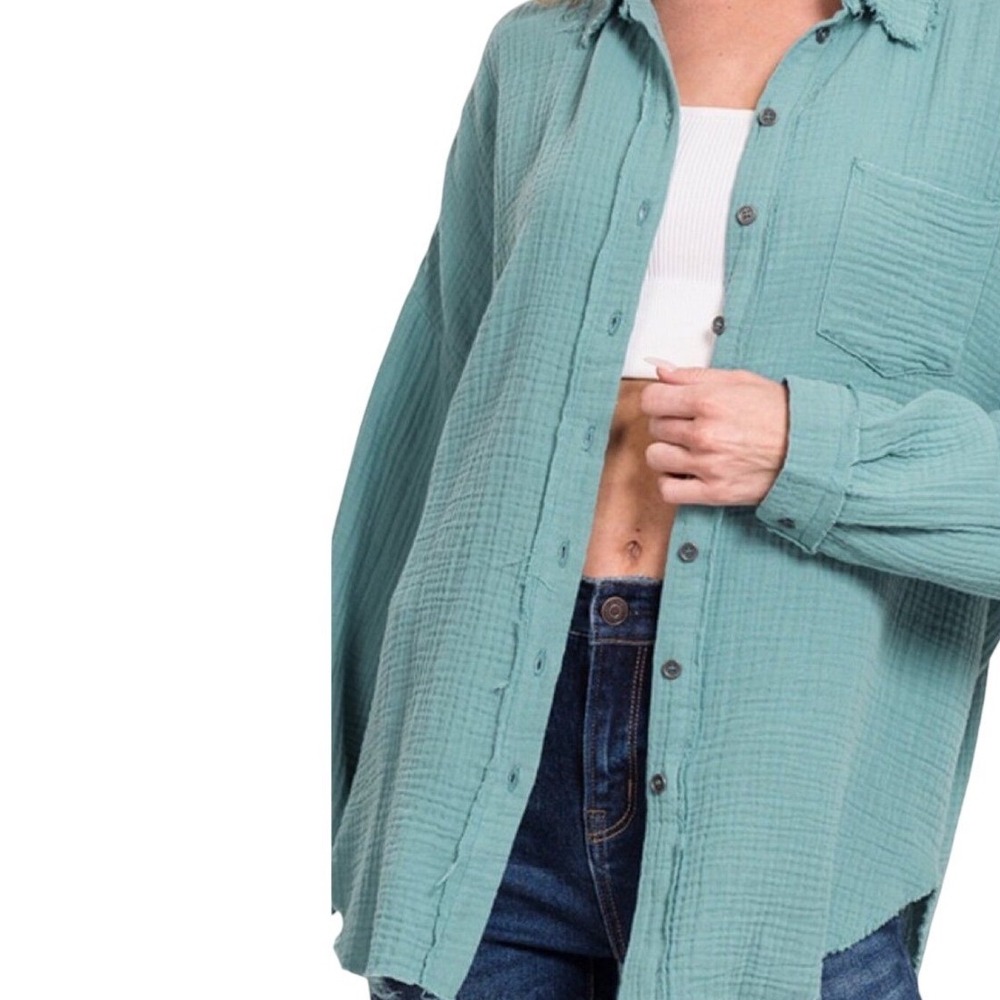 NEW Zenana Women Small Blue Cotton Gauze Button Down Frayed Shirt QT-1271D4